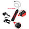 Zwarte, rode LED-lamp met flexibele tip, opladers en detailweergaven.